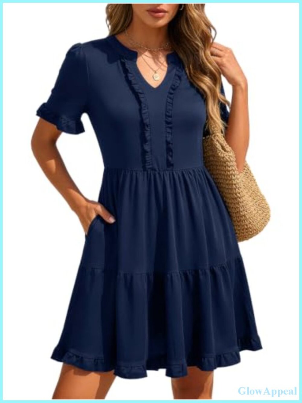Women's Babydoll Mini Sun Dress V-Neck Short Sleeve Ruffle Tiered Flowy Dress